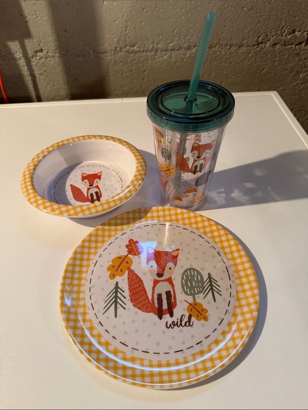 Wild Fox Yellow Gingham Kids Plate, Bowl & Tumbler Set - Brand Unknown